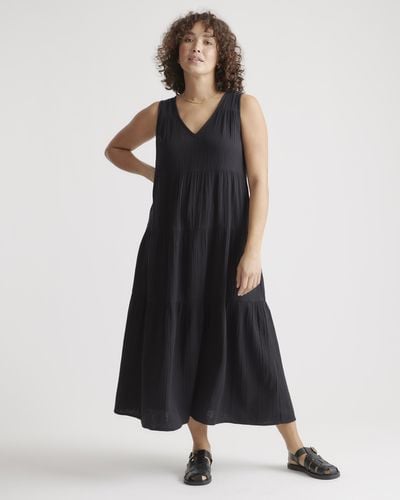 Quince Gauze Tiered Maxi Dress, Organic Cotton - Black