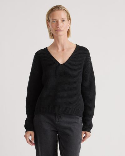 Quince Fisherman V-Neck Sweater, Organic Cotton - Black