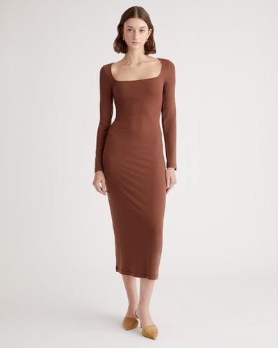 Quince Tencel Rib Knit Long Sleeve Square Neck Dress - Red