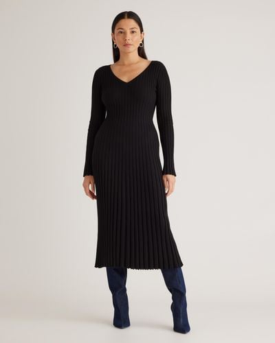 Quince Cotton Cashmere Ribbed Long Sleeve V-Neck Midi Dress - Black