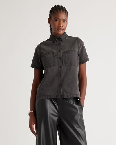 Quince Distressed Denim Short Sleeve Shirt, Cotton - Black