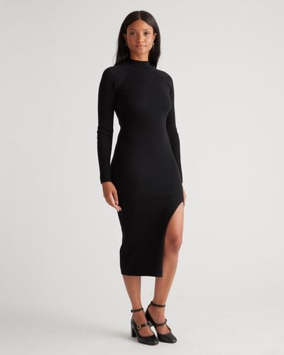 Quince Eco-Knit Ribbed Mock Neck Sweater Dress, Viscose - Black