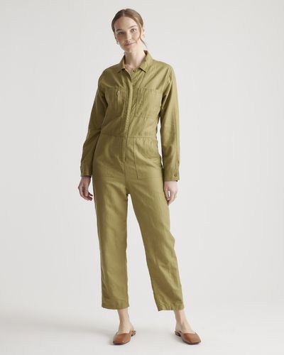 Quince Cotton Linen Twill Long Sleeve Coverall Jumpsuit, Organic Cotton - Green