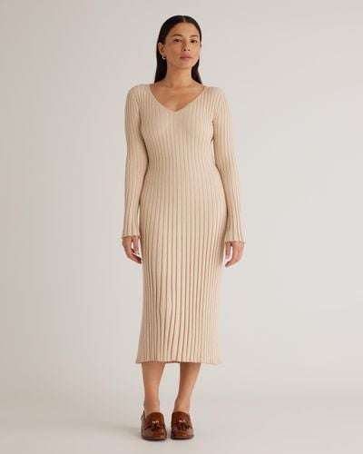 Quince Cotton Cashmere Ribbed Long Sleeve V-Neck Midi Dress - Natural