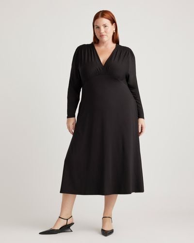 Quince Tencel Jersey V-Neck Long Sleeve Midi Dress - Black