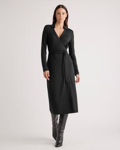 Quince 100% Silk Jersey Midi Wrap Dress - Black