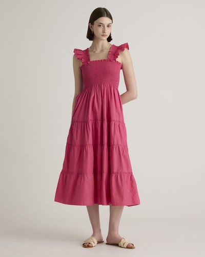 Quince Smocked Midi Dress, Organic Cotton - Pink