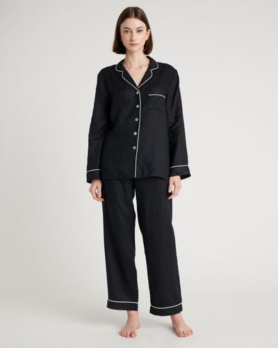 Quince 100% European Linen Long Sleeve Pajama Set With Piping - Black