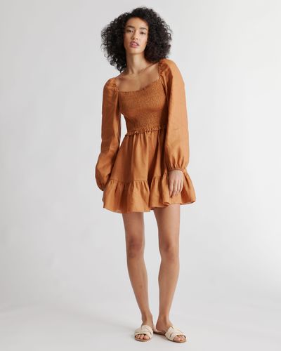 Quince 100% European Linen Smocked Mini Dress - Brown