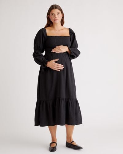Quince Gauze Maternity Smocked Ruffle Hem Midi Dress, Organic Cotton - Black