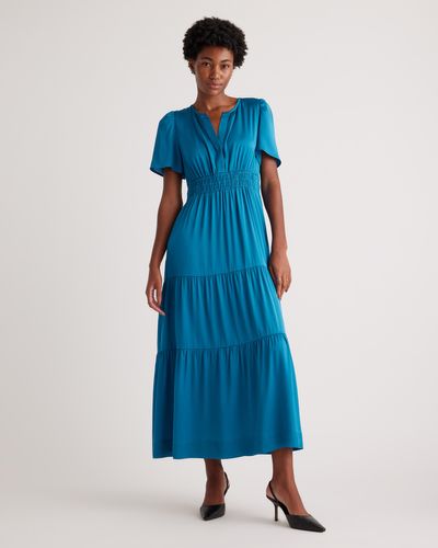 Quince Washable Stretch Silk Tiered Maxi Dress - Blue