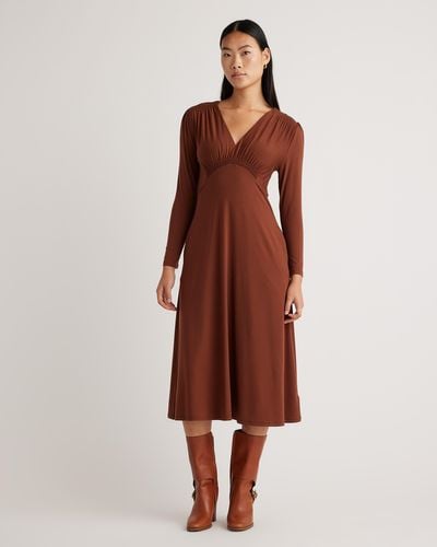 Quince Tencel Jersey V-Neck Long Sleeve Midi Dress - Red