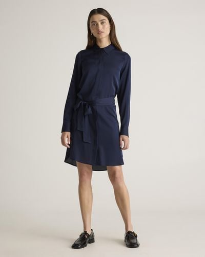Quince 100% Washable Silk Stretch Shirt Dress - Blue