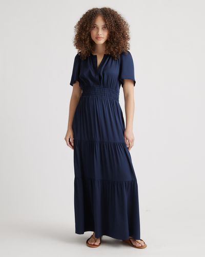 Quince Washable Stretch Silk Tiered Maxi Dress - Blue