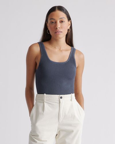 Quince Cropped Square Neck Ribbed Knit Tank Top, Recycled Nylon/Polyester/Spandex - Blue
