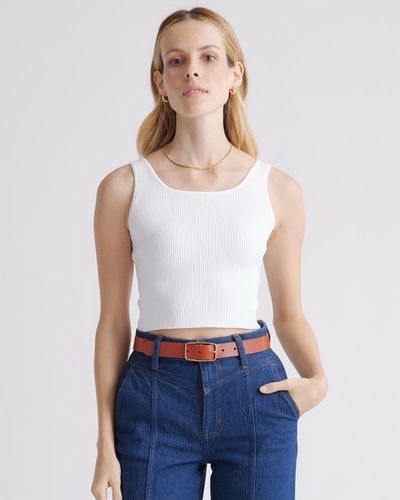 Quince Cropped Square Neck Ribbed Knit Tank Top, Recycled Nylon/Polyester/Spandex - White