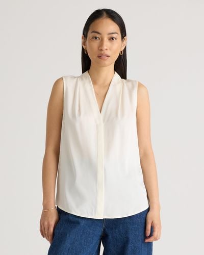 Quince 100% Washable Silk Stretch Sleeveless Blouse - White