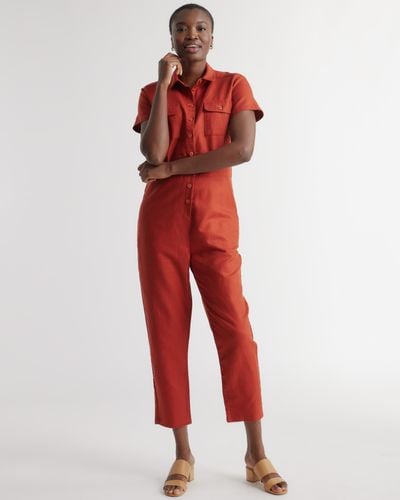 Quince Cotton Linen Twill Short Sleeve Coverall Jumpsuit - Red