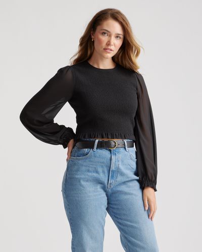 Quince Chiffon Cropped Smocked Blouse, Recycled Polyester - Black