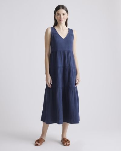 Quince Gauze Tiered Maxi Dress, Organic Cotton - Blue