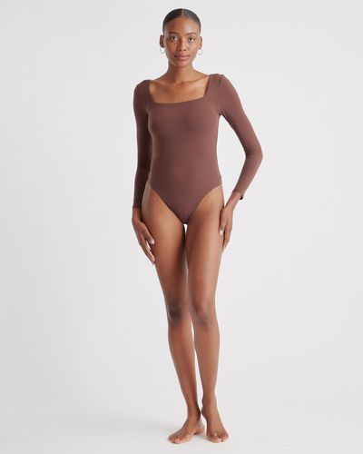 Quince Second Skin Square Neck Long Sleeve Bodysuit, Nylon/Spandex - Brown