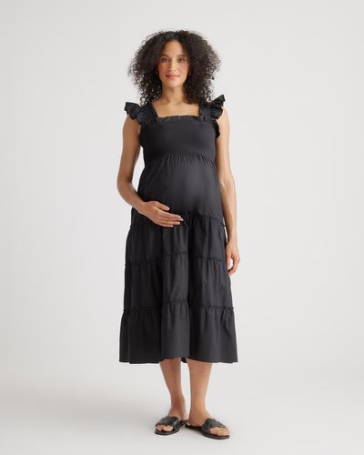 Quince Maternity Smocked Midi Dress, Organic Cotton - Black