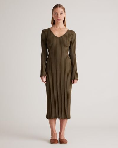 Quince Cotton Cashmere Ribbed Long Sleeve V-Neck Midi Dress - Green
