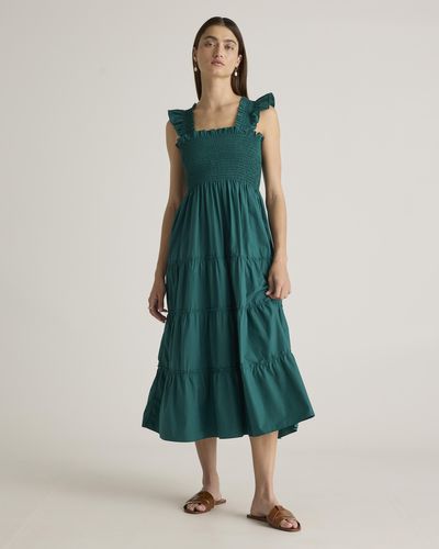 Quince Smocked Midi Dress, Organic Cotton - Green