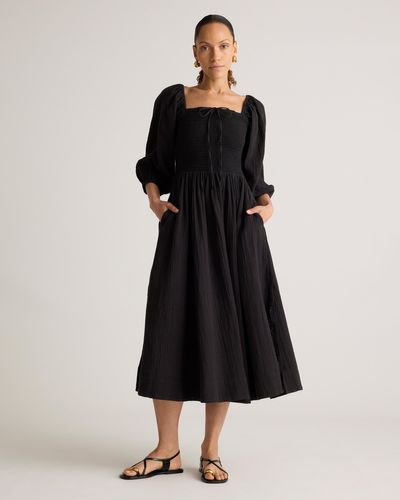 Quince Gauze Smocked Square Neck Midi Dress, Organic Cotton - Black