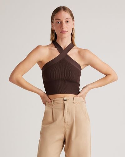 Quince Cropped Halter Ribbed Knit Tank Top, Recycled Nylon/Polyester/Spandex - Brown