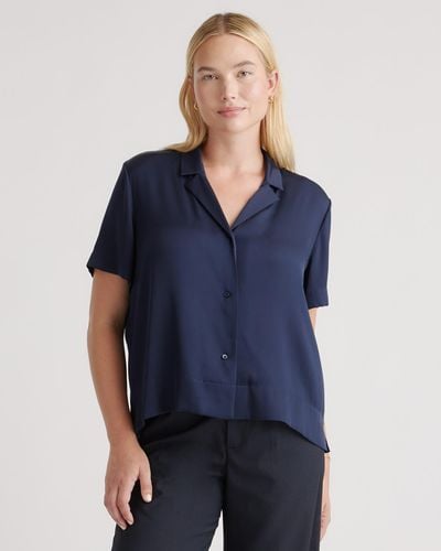 Quince Washable Stretch Silk Short Sleeve Notch Collar Blouse, Mulberry Silk - Blue
