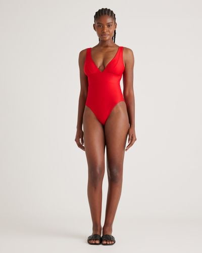 Quince Italian Plunge One-Piece Swimsuit, 78% Recycled Polyamide, 22% Spandex - Red