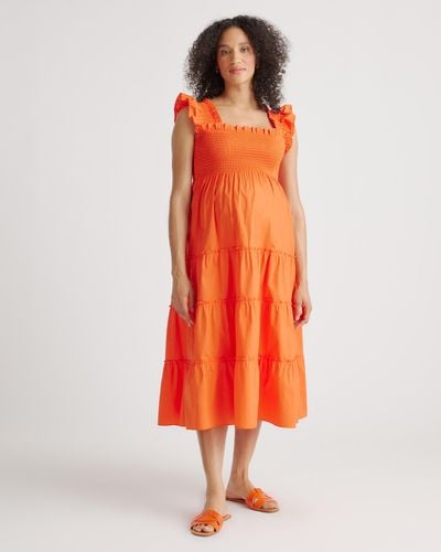 Quince Maternity Smocked Midi Dress, Organic Cotton - Orange