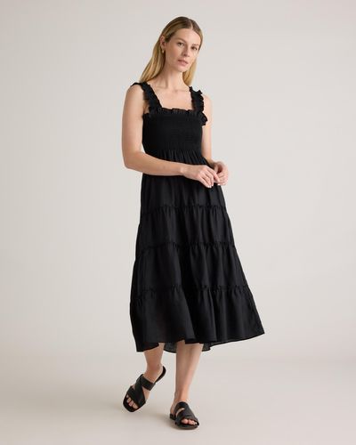 Quince 100% European Linen Smocked Midi Dress - Black