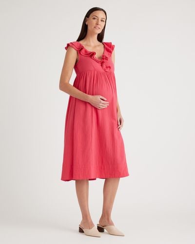 Quince Gauze Maternity Ruffle Front Dress, Organic Cotton - Red