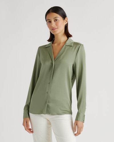 Quince Washable Stretch Silk Notch Collar Blouse - Green