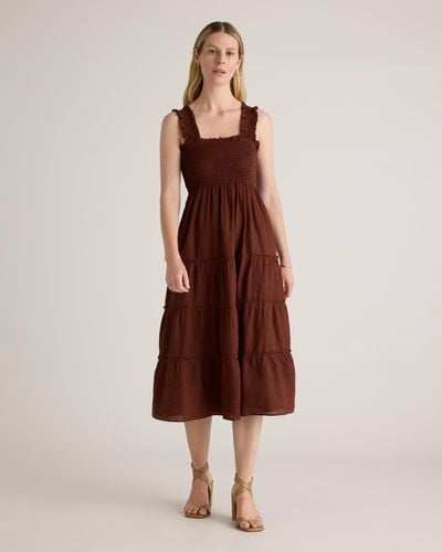 Quince 100% European Linen Smocked Midi Dress - Brown