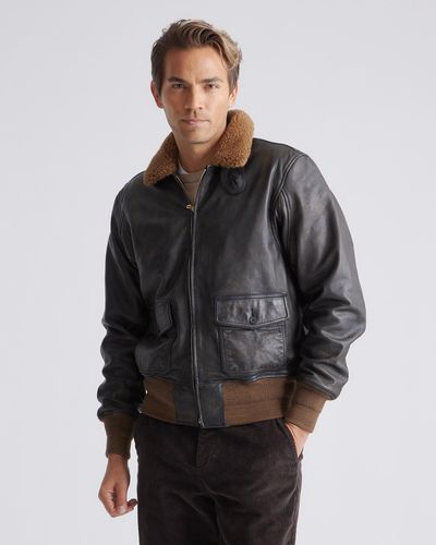 Quince Shearling Collar Leather Flight Jacket - Black