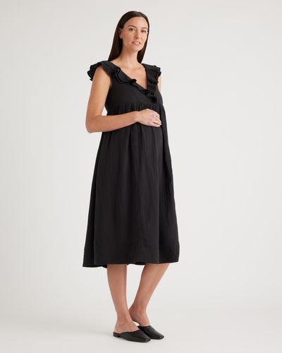 Quince Gauze Maternity Ruffle Front Dress, Organic Cotton - Black