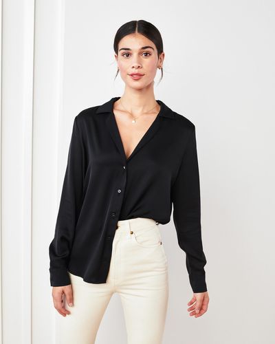 Quince 100% Washable Silk Stretch Notch Collar Blouse - Black