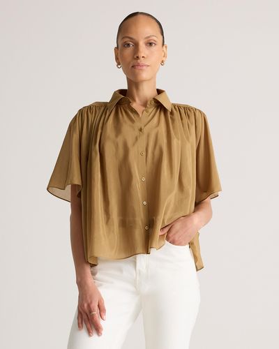 Quince Cotton-Silk Voile Short Sleeve Blouse - Brown