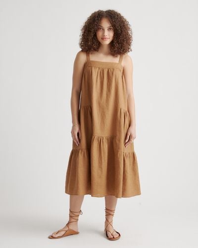 Quince 100% European Linen Trapeze Midi Dress - Brown