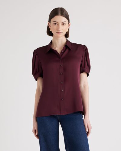 Quince Washable Stretch Silk Puff Sleeve Blouse, Mulberry Silk - Purple