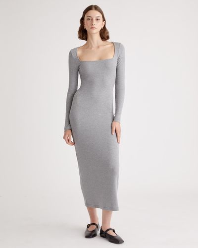 Quince Tencel Rib Knit Long Sleeve Square Neck Dress - Gray