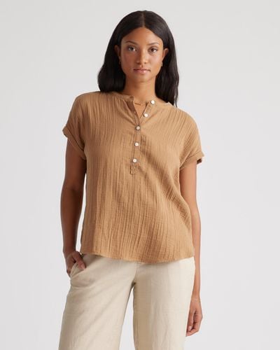 Quince Gauze Roll Sleeve Shirt, Organic Cotton - Brown