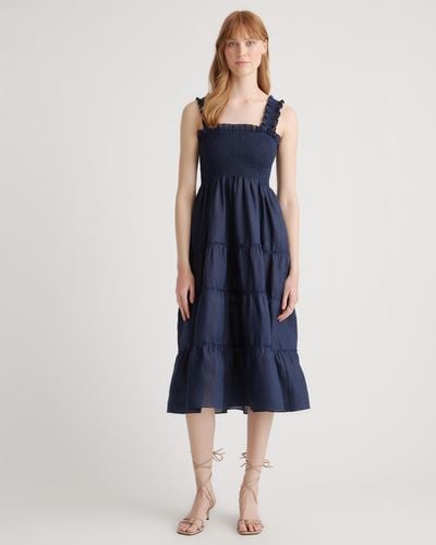 Quince 100% European Linen Smocked Midi Dress - Blue