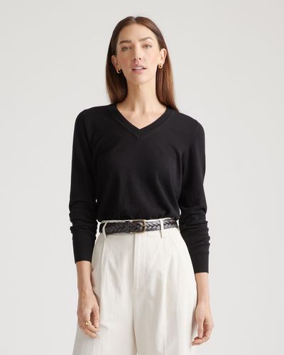 Quince Lightweight Cotton Cashmere V-Neck Sweater, Organic Cotton - Black