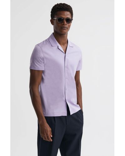 Reiss Caspa - Lilac Mercerised Cotton Jersey Cuban Collar Shirt - Purple