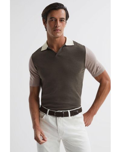 Reiss Stoneleigh - Mushroom Brown Wool Open Collar Polo Shirt, Xxl - Multicolour
