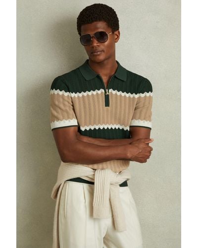 Reiss Alton - Forest Green/light Camel Knitted Zig-zag Half-zip Polo Shirt